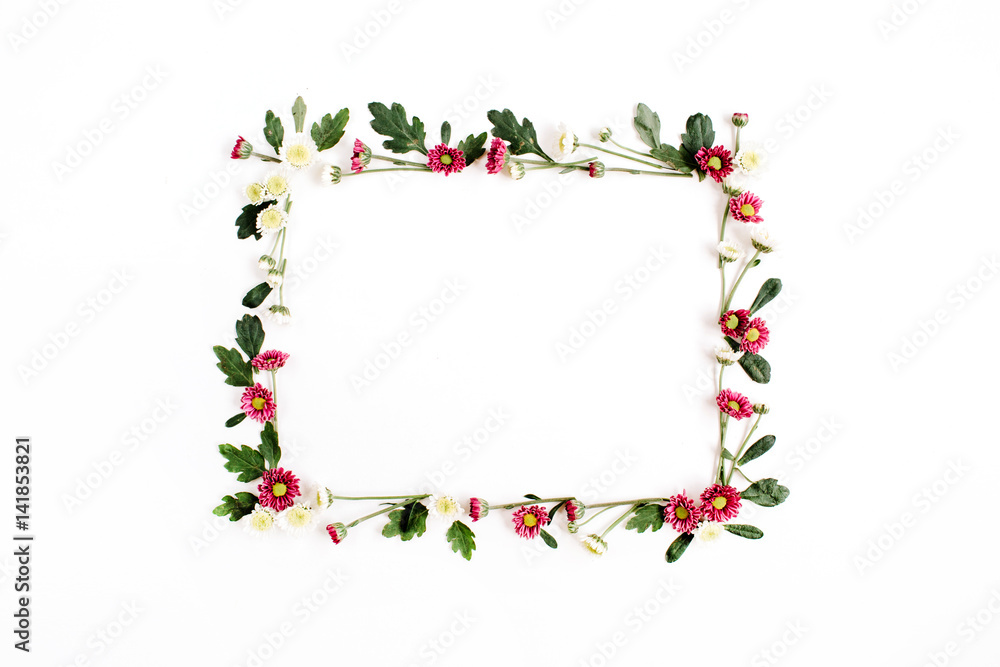 Frame wreath with red and white wildflowers, green leaves, branches on white background. Flat lay, top view. Flower background. Frame wreath with red and white wildflowers, green leaves, branches on white background. Flat lay, top view. Flower background.