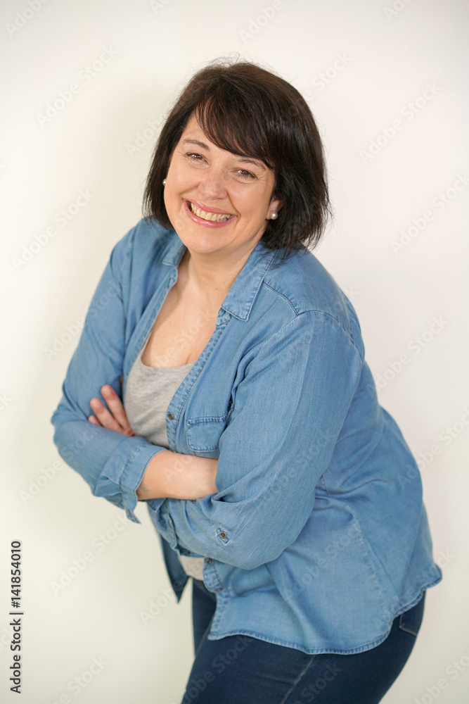 Overweight woman standing on white background, isolated Overweight woman standing on white background, isolated