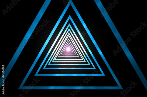 abstract geometric blue gradient triangle tunnel hypnotic spiral, with light point on black background, computer 3d render