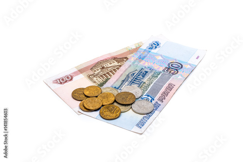 50 and 100 hundred roubles bills and small coins isolated on white background