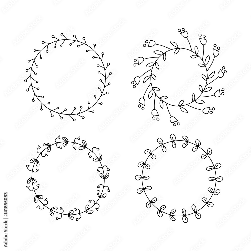 Round handdrawn wreaths on white background. Collection of clip art vector bouquets. Romantic wreath with copyspace for your text. Save the date, wedding or invitation card design element. Round handdrawn wreaths on white background. Collection of clip art vector bouquets. Romantic wreath with copyspace for your text. Save the date, wedding or invitation card design element.