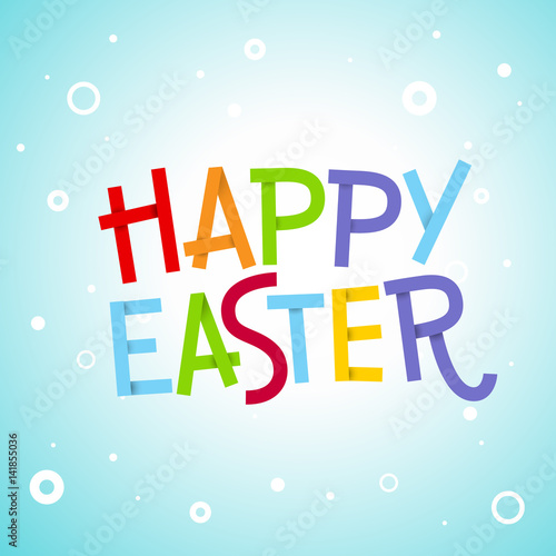 Happy Easter lettering. Ribbon font. Vector illustration on a blue background with circles