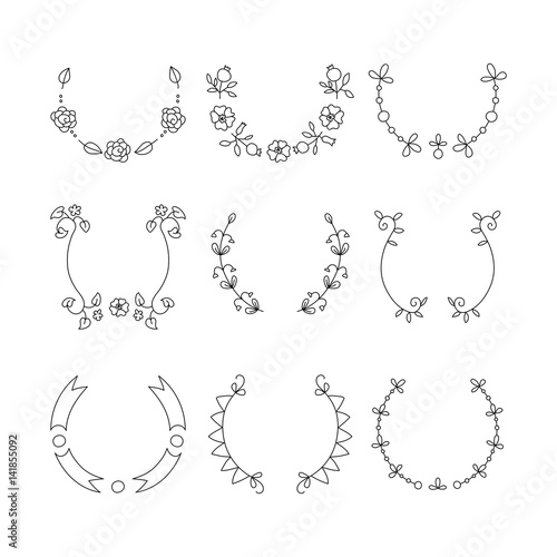 Collection of handdrawn laurels and wreaths. Floral wreath with copyspace for your text. Save the date, wedding or invitation card design element. Vector illustration isolated on white background.