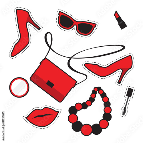 Fashion patch badges with lip, heelslipstick, handbag, mascara, sunglasses and other elements. Vector illustration isolated on white background. Set of stickers