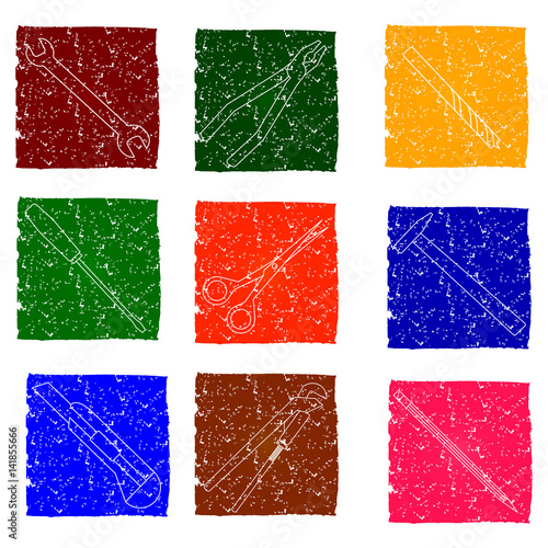 Vector illustration of multicolored grunge icons with images of tools that I use at home for repairing furniture and sanitary equipment