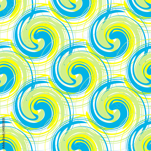 Seamless abstract pattern from large round elements of blue, yellow and green. Wallpapers and textiles.