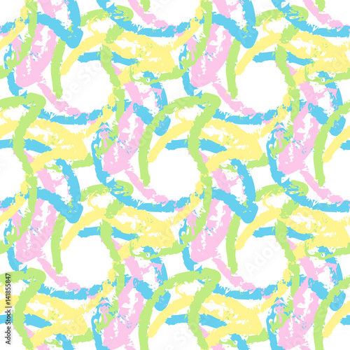 Seamless abstract pattern from large elements of blue, yellow, pink and green. Wallpapers and textiles.