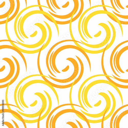 Seamless abstract pattern from round elements of yellow and orange on a white background. Modern pattern for wallpaper or textile.