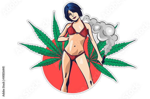 Bikini girl with cannabis leafs. Vector image
