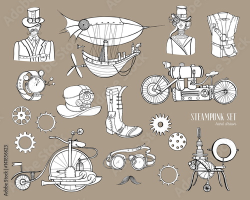 Steampunk objects and mechanism collection machine, clothing, people and gears. Hand drawn vintage style illustration set.