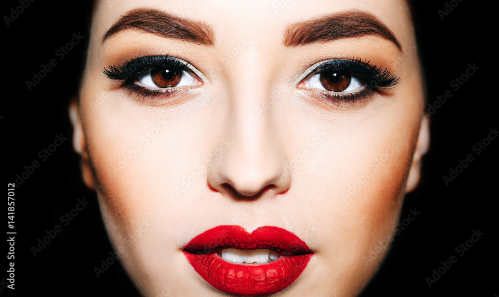 sexy woman with red lips and bright eyelashes makeup sexy woman with red lips and bright eyelashes makeup
