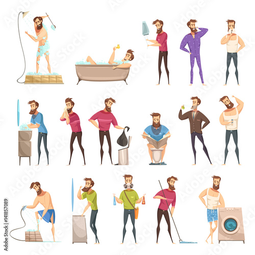 Male Hygiene Cartoon Retro Style Set 