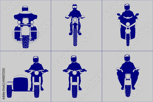 Different kind motorcycle with riders front view vector illustration simplifying icon set