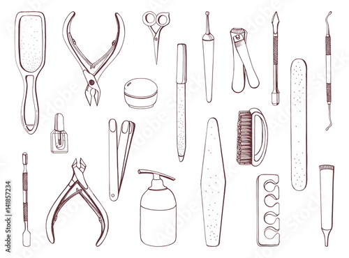Manicure equipment set. Hand drawn contour collection.
