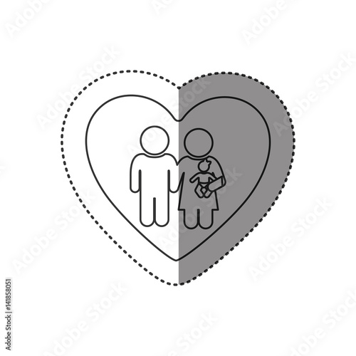 sticker of monochrome silhouette of heart and pictogram couple with baby vector illustration