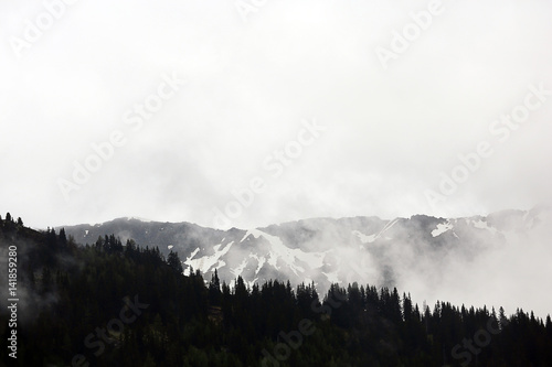 foggy clouds rising from dark alpine mountain forest