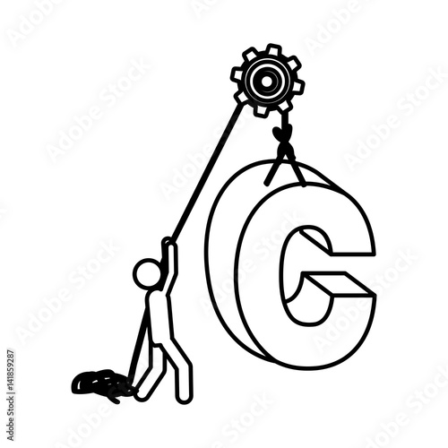Silhouette worker with pulley holding word c vector illustration