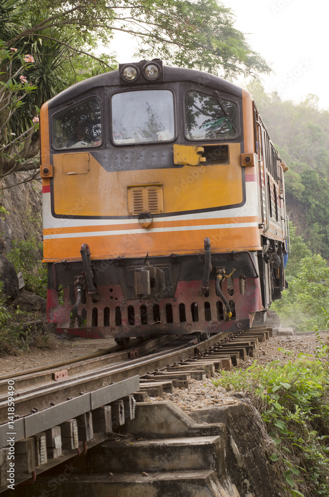 Obraz premium Moving train at death railway, Kanchanaburi, Thailand