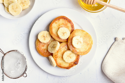 Cottage cheese pancakes with banana slices