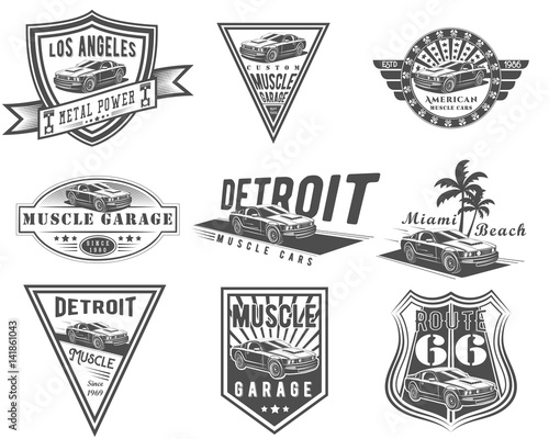Vector set of American muscle car for logo templates, icons, emblems, promotion, isolated on white background