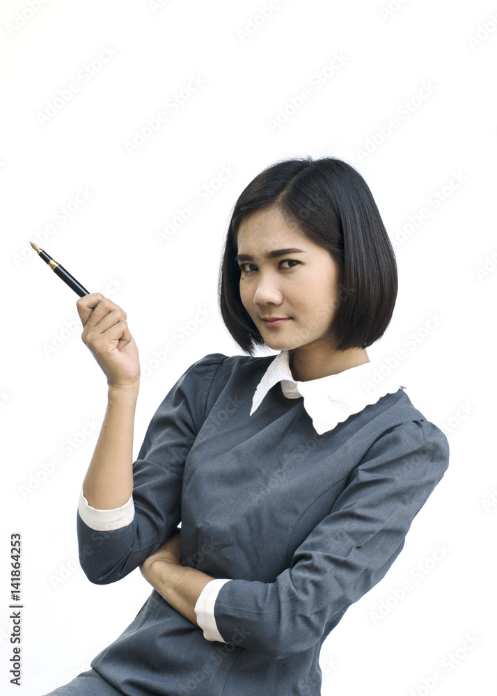 Asian young business woman portrait with pointing pen on white backgrounds Asian young business woman portrait with pointing pen on white backgrounds