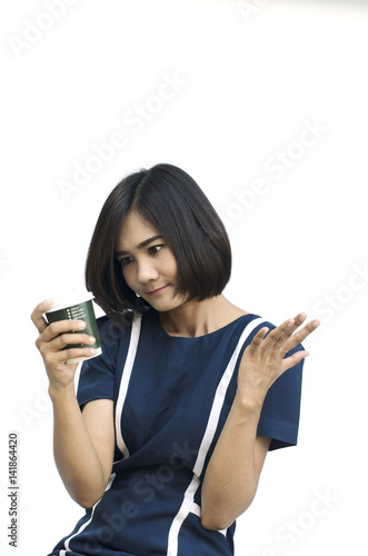 Beautiful Thai young woman portrait with take away coffee cup for working woman concept