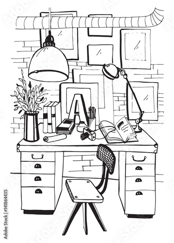 Modern workplace interior in loft style. Workspace, hand drawn s