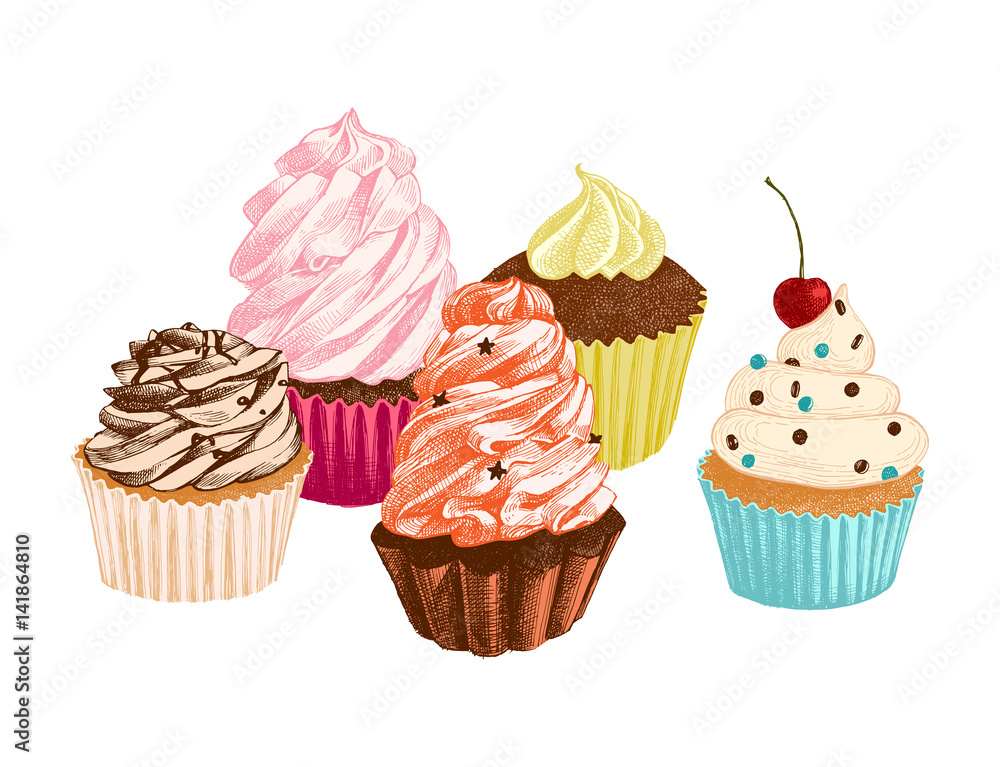 Set of hand drawn vector cupcakes