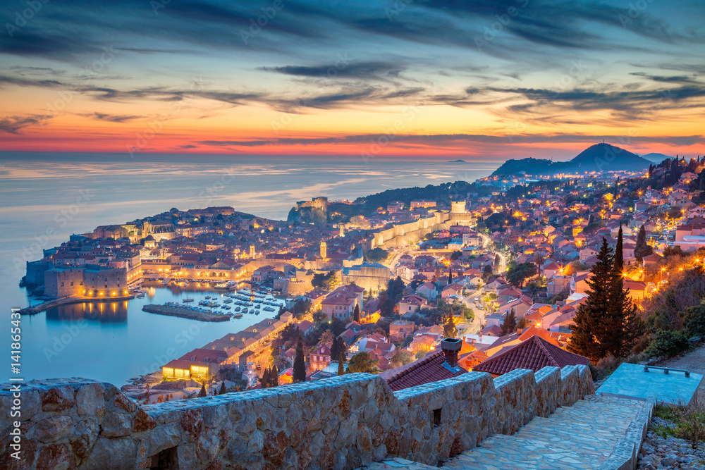 Dubrovnik, Croatia. Beautiful romantic old town of Dubrovnik during sunset.