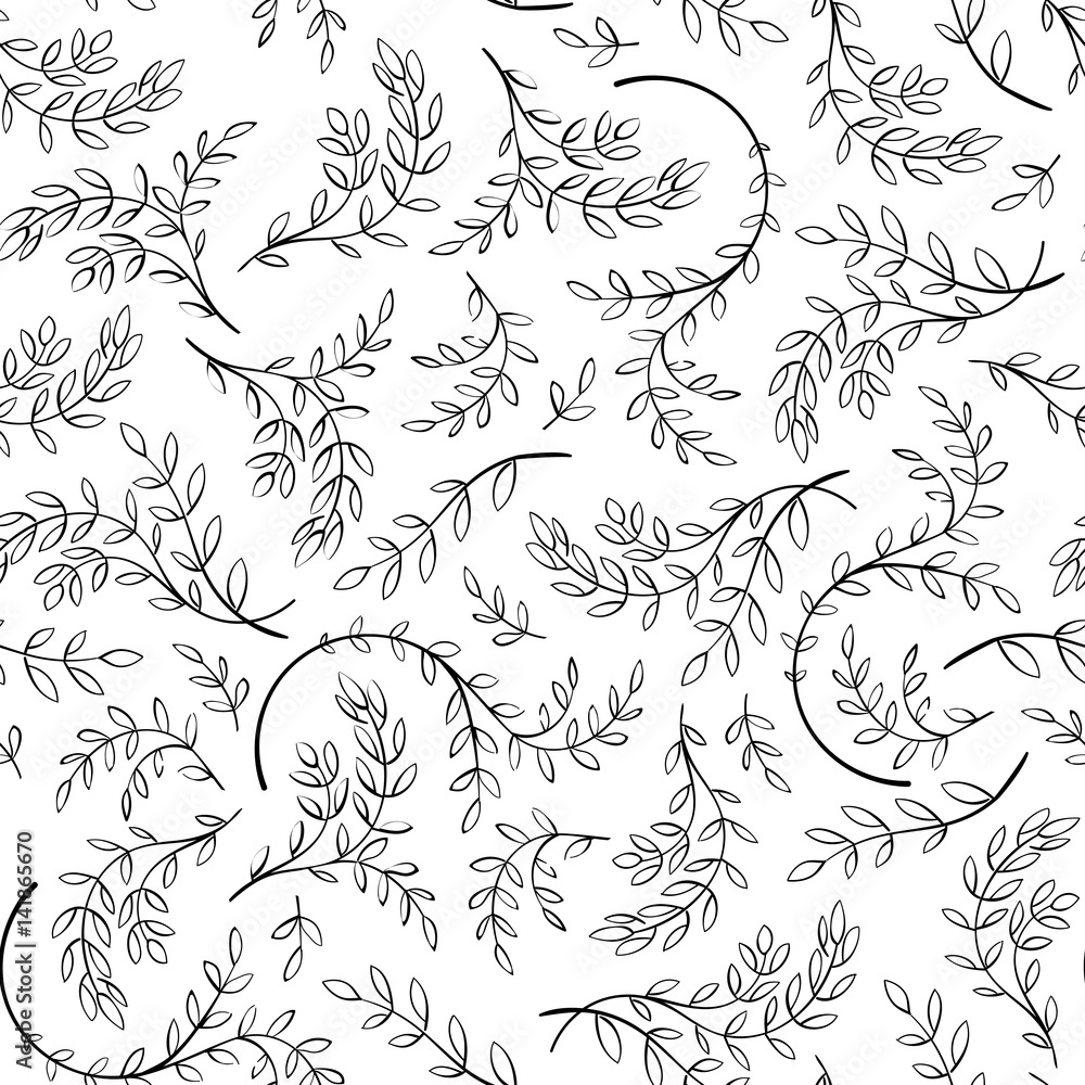 Seamless pattern background. Hand drawn branches with leaves. Black and ...