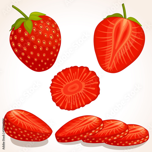 Set of vector strawberry. Whole, sliced, half of a strawberry isolated on white background. Vector illustration.