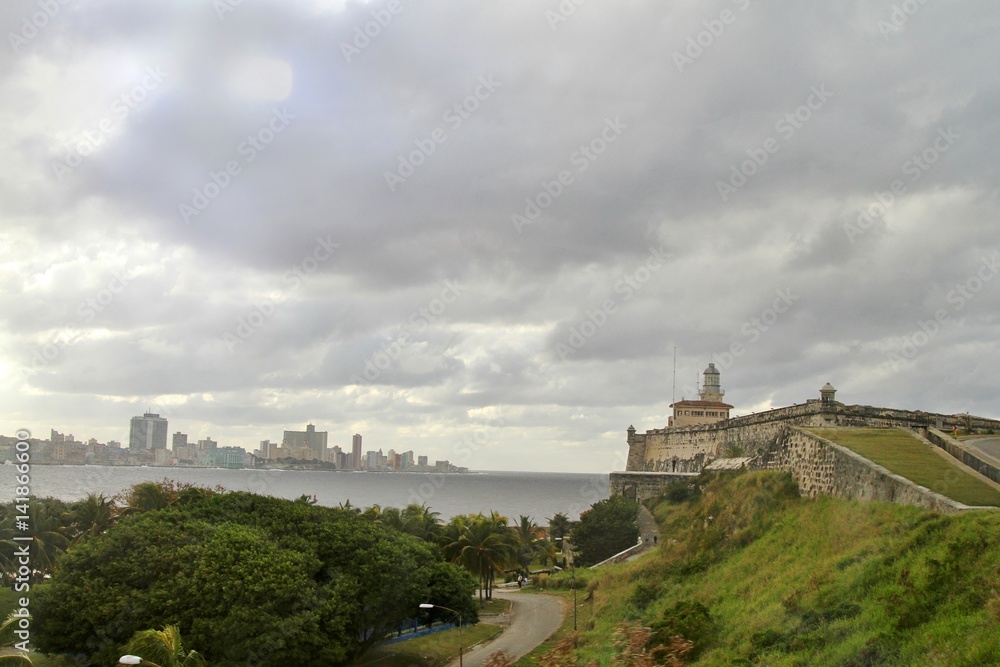Havana city scape on a stormy and foggy day from El Morro Fortress 