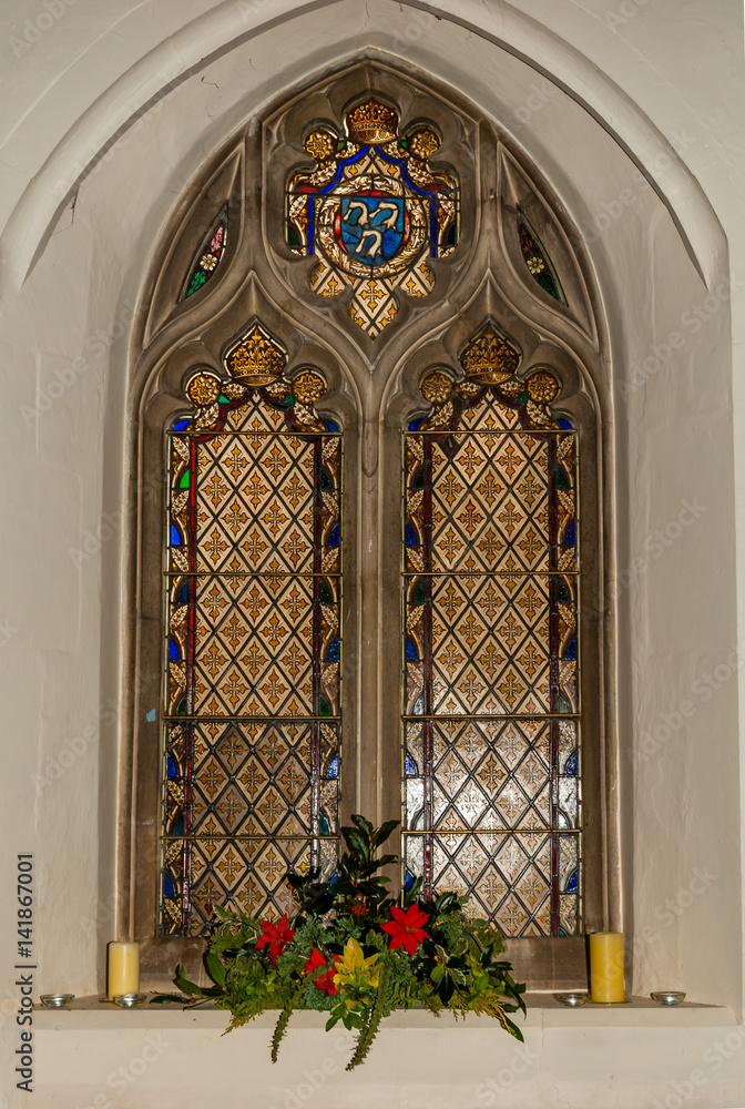 Stained-Glass Window All Saints East Budleigh.  The Boyhood Home of Sir Walter Raleigh