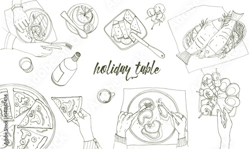 Festive tableful, laid table, holidays hand drawn contour illustration, top view. Background with place for text. photo