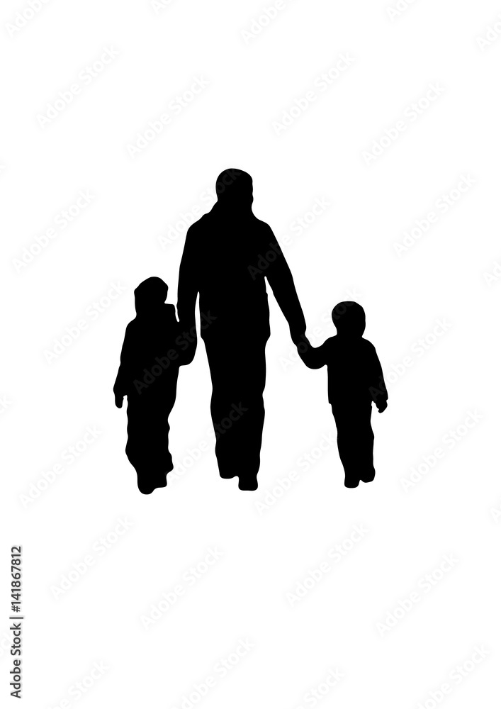 Silhouette of dad walking with children vector.