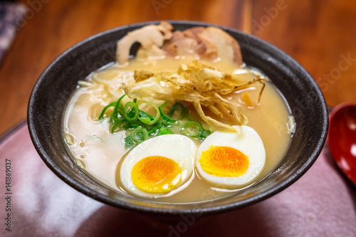 Japanese ramen soup with eggs in the bowl