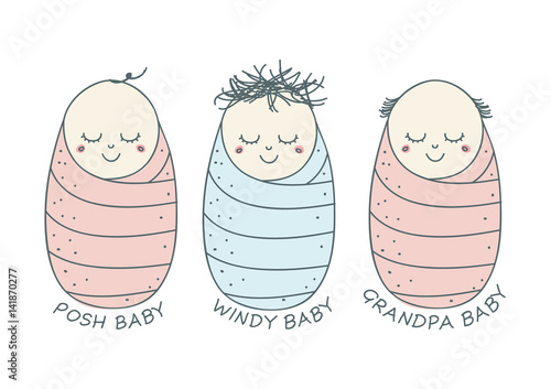 Adorable cartoon set of three newborn babies with different hairstyles