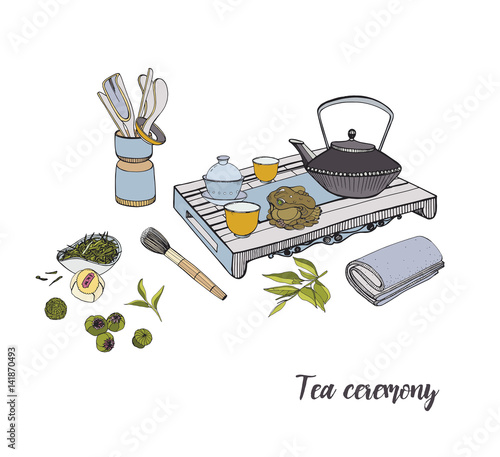 Tea ceremony with various traditional elements. Colorful hand drawn illustrat...