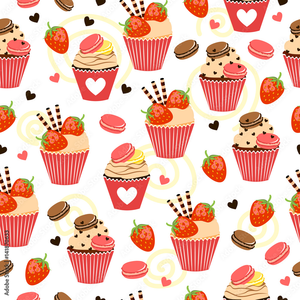 Candy seamless pattern with cupcakes, macaroons, strawberry, wafer rolls and sweet hearts. Candy seamless pattern with cupcakes, macaroons, strawberry, wafer rolls and sweet hearts.