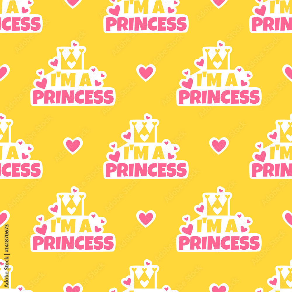I'm a princess. Yellow seamless pattern with hearts, stickers and crown. Cute background for girls. I'm a princess. Yellow seamless pattern with hearts, stickers and crown. Cute background for girls.