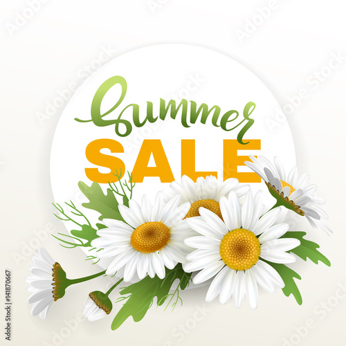 Summer handmade lettering and bouquet realistic daisy, camomile flowers on white background. Sale composition. Vector illustration card
