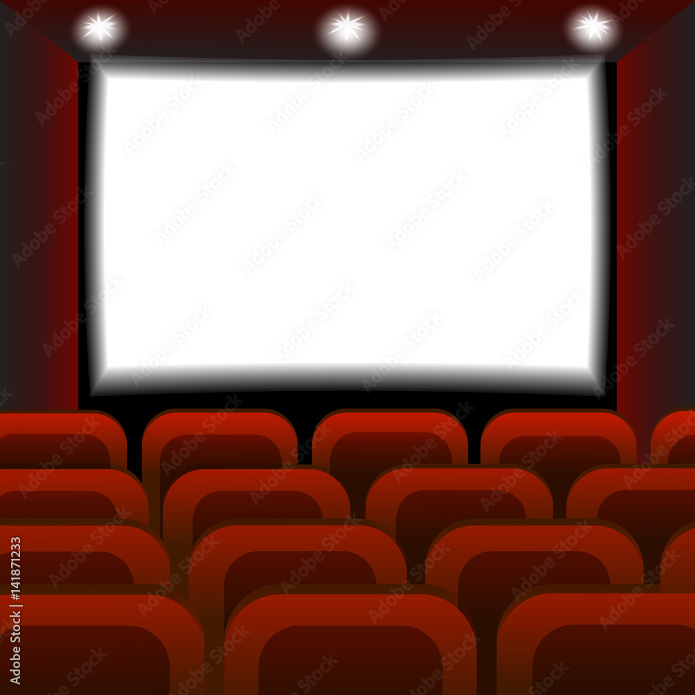 Interior of a cinema movie theater. Empty Cinema auditorium with white screen. Vector illustration.