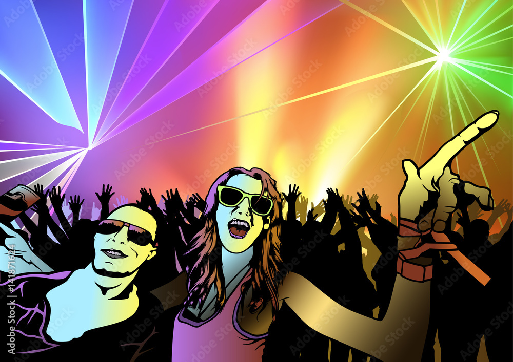Vettoriale Stock Disco Dance Party Background with Dancing People and  Silhouetted Audience and Colorful Laser Light Effects - Vector Illustration  | Adobe Stock