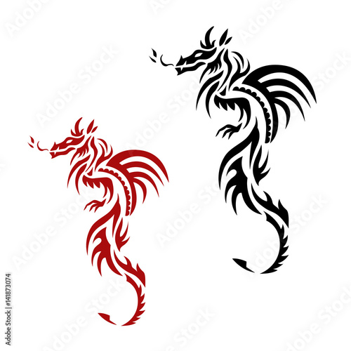 Set of red and black dragon tattoo Traditional Chinese Asian style. The symbol of wealth and luxury on an isolated background vector illustration