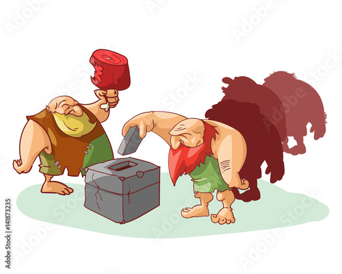 Vector illustration of group of cavemen voting, misled by cheap promises of food