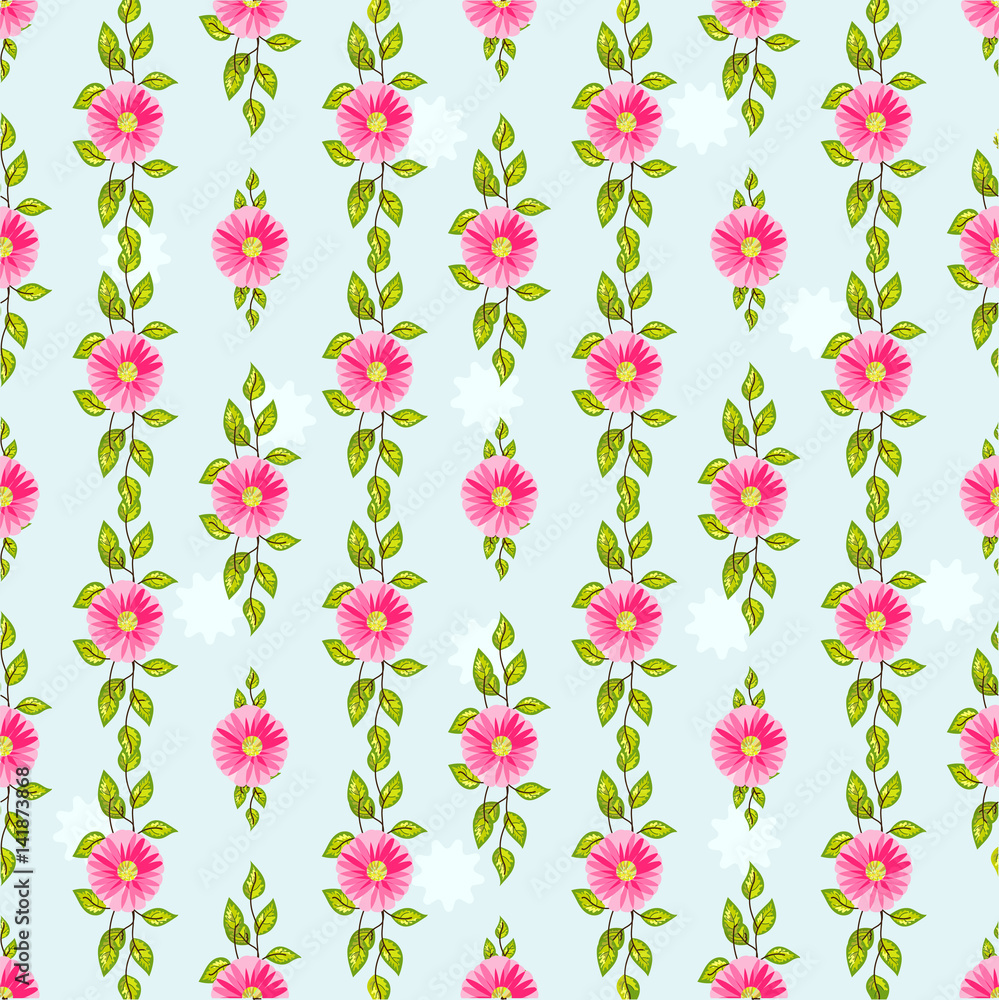 Green spring floral seamless pattern with pink beautiful flowers on a blue background vector illustration