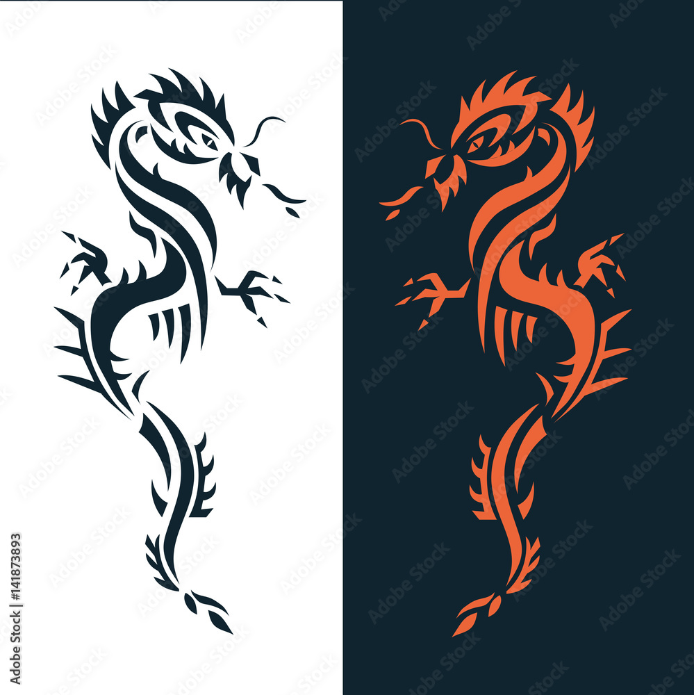 Fototapeta premium Set dragon tattoo or emblem Traditional Chinese Asian style. The symbol of wealth and luxury vector illustration