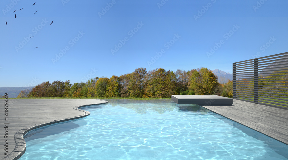 Infinity swimming pool terrace with meadow cliff panorama
