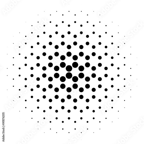 Abstract halftone circle of dots in radial hexagonal. Black and white vector illustration element.