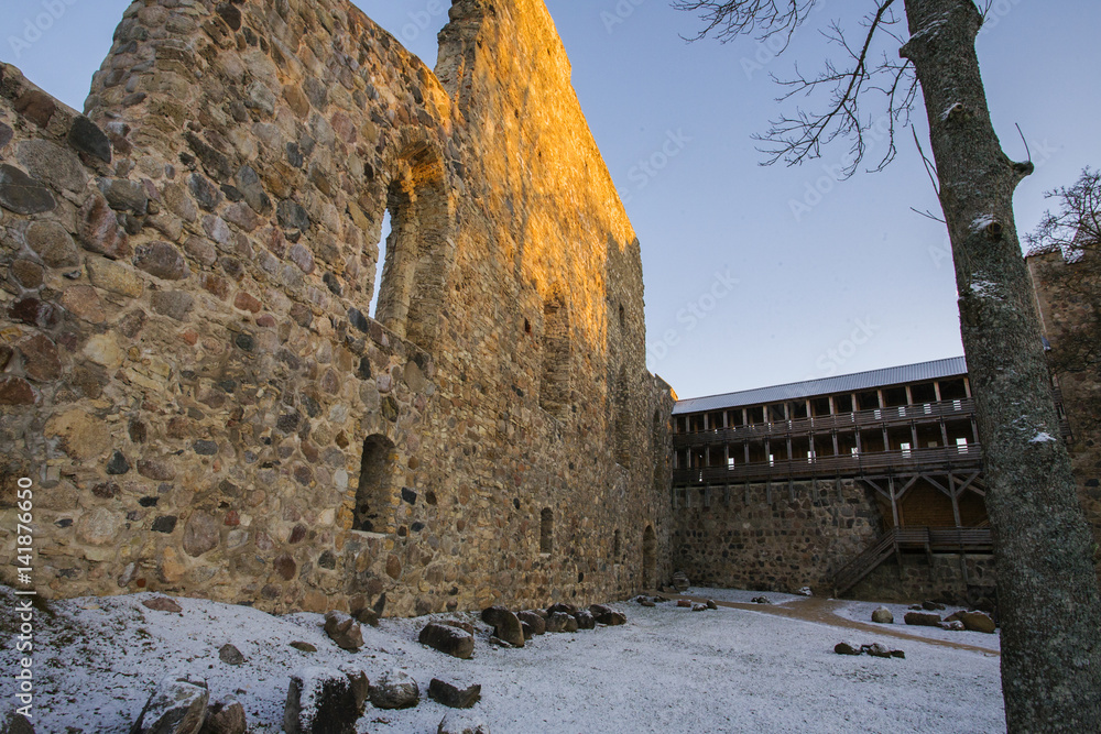 Fototapeta premium Latvia. Sigulda. The Crusader Castle. Courtyard. The fortress wall. The main gate.